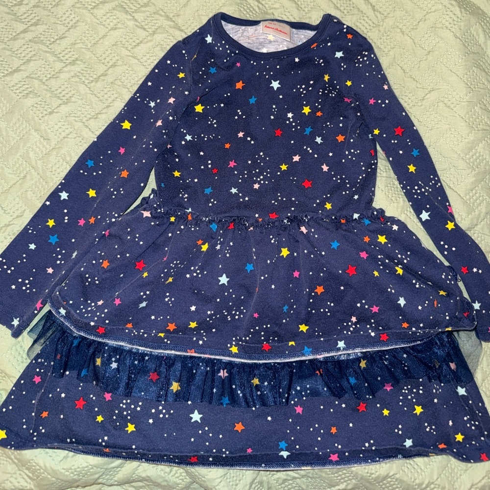 Hanna Andersson navy blue star dress with ruffles and mesh skirt size 6-7 girls